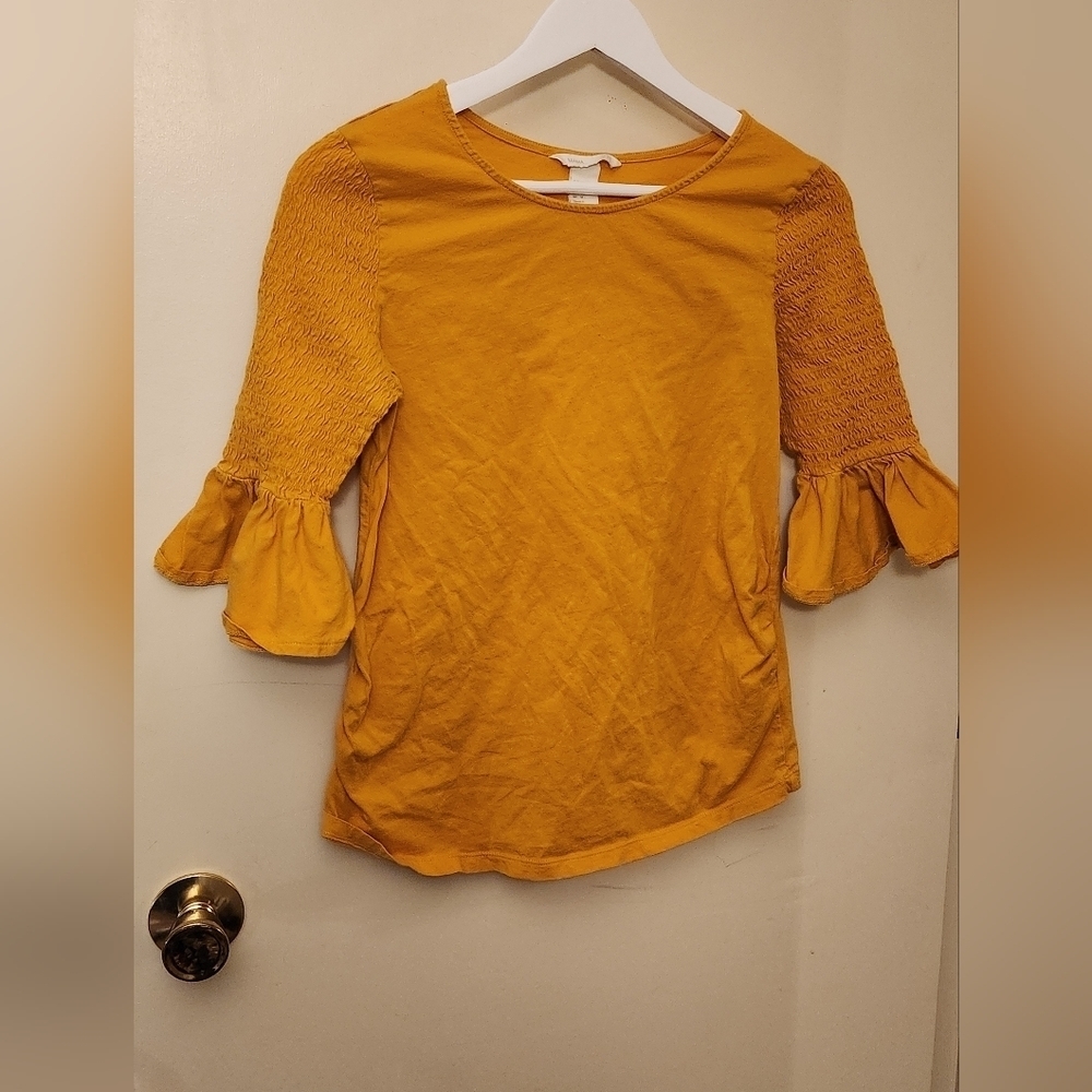 Mama Maternity shirt 3/4 flutter sleeve yellow cinch sides size medium